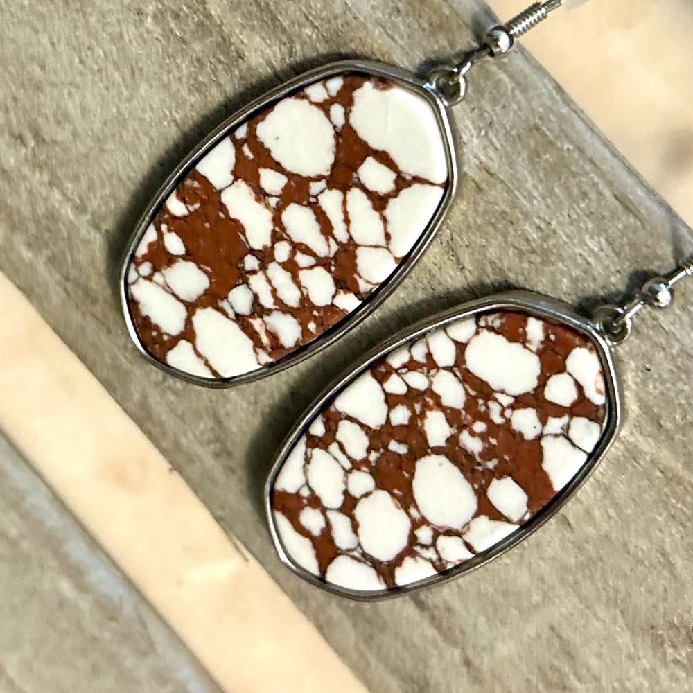 Brown and White Patterned Oval Earrings